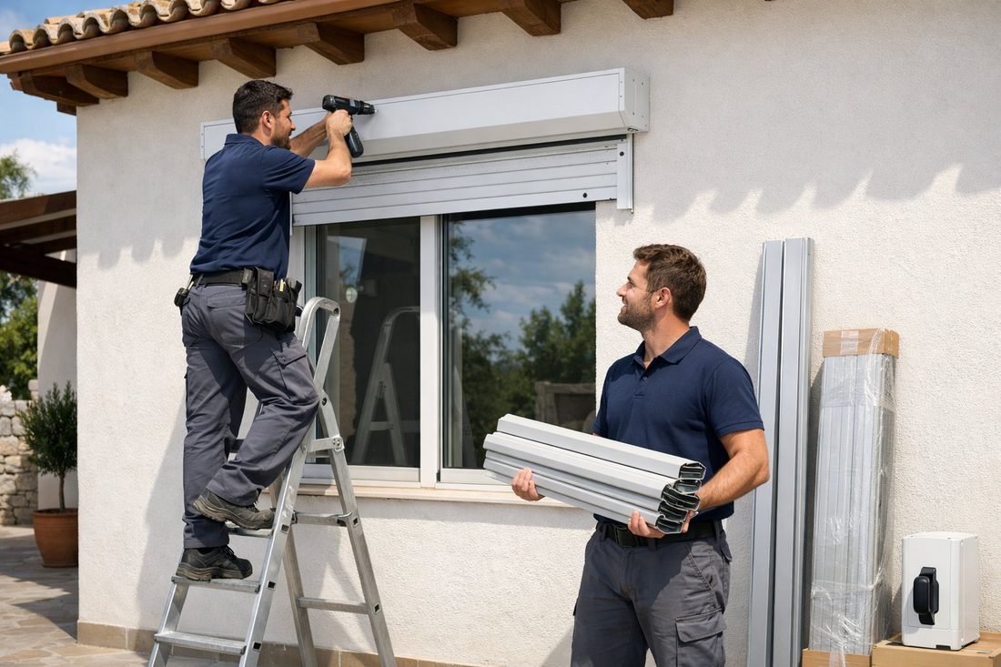 Dos técnicos de Persimataro instalando una persiana de aluminio nueva en una vivienda de Mataró