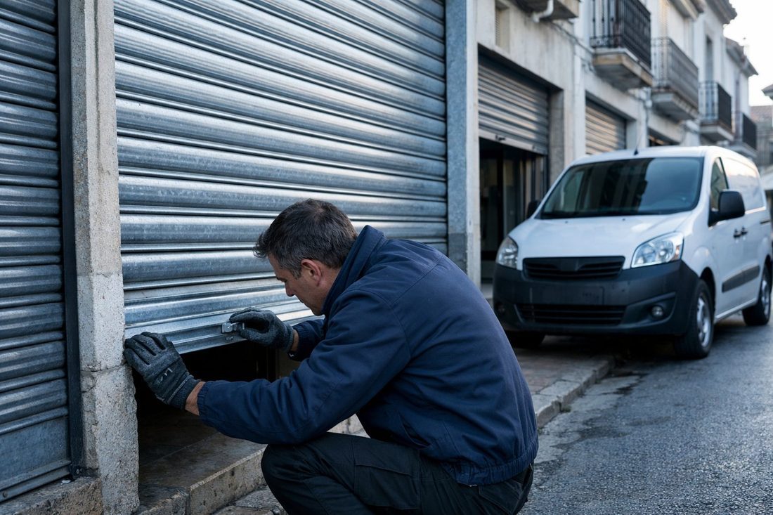 Técnico de Persimataro revisando una persiana metálica de un local comercial en una calle de Mataró