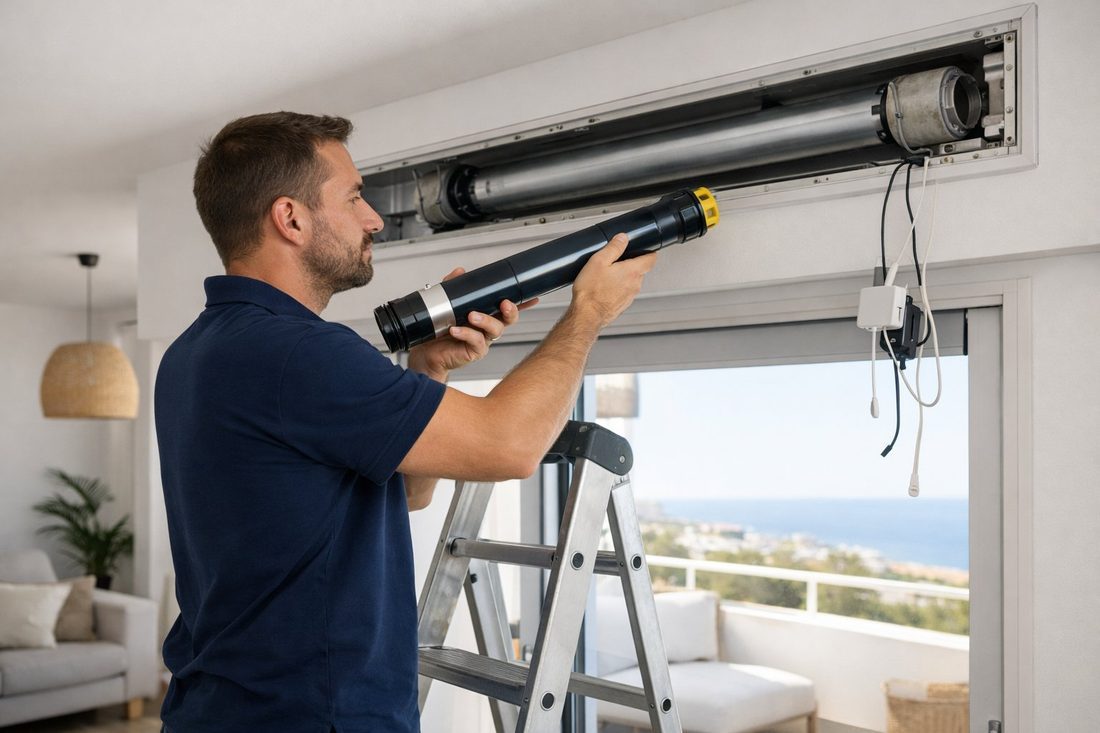 Técnico de Persimataro instalando un motor tubular en el cajón de una persiana en un piso de Mataró con vistas al mar
