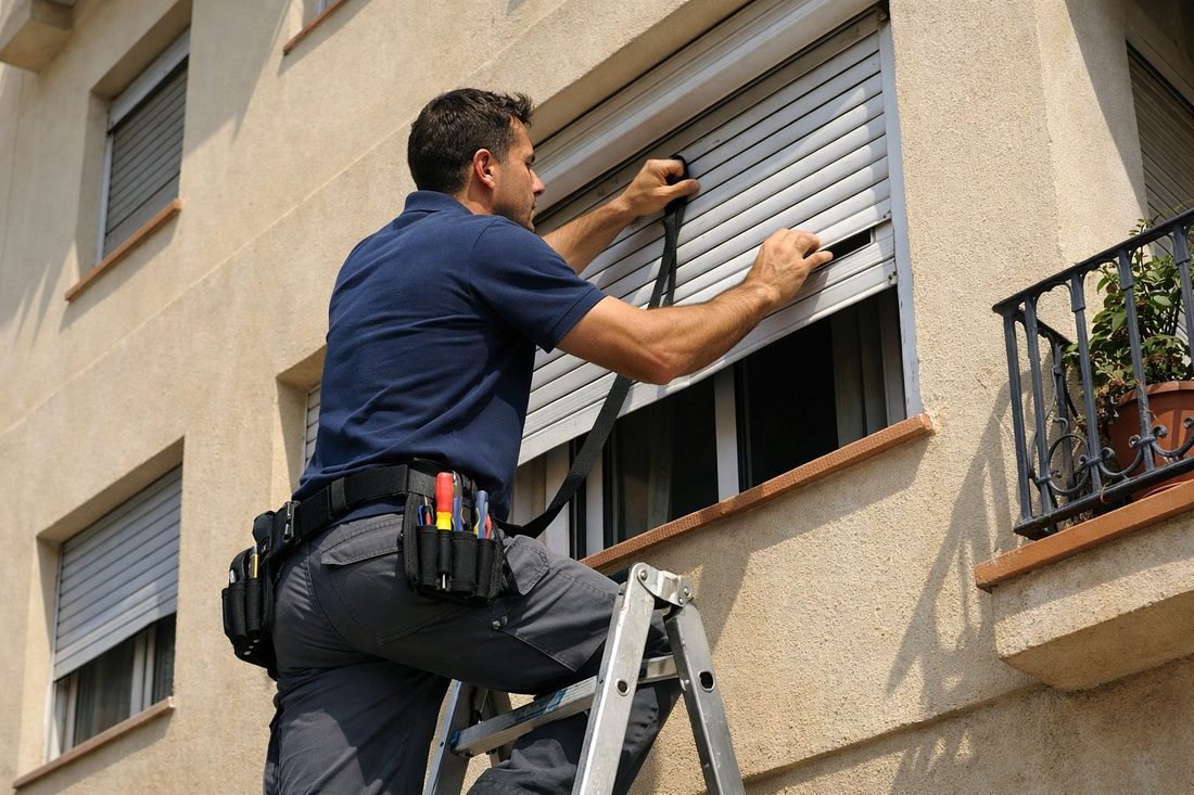 Persianista reparando una persiana enrollable en la fachada de un edificio de Mataró