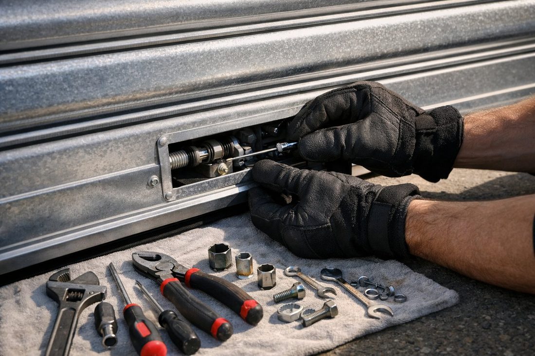 Manos con guantes reparando la cerradura de seguridad de una persiana metálica de un comercio en Mataró