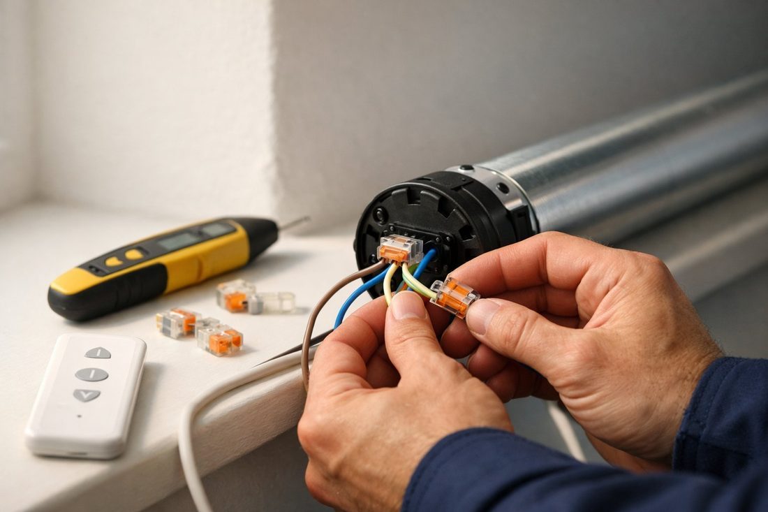 Manos de un técnico conectando los cables de un motor tubular de persiana con un mando a distancia en Mataró