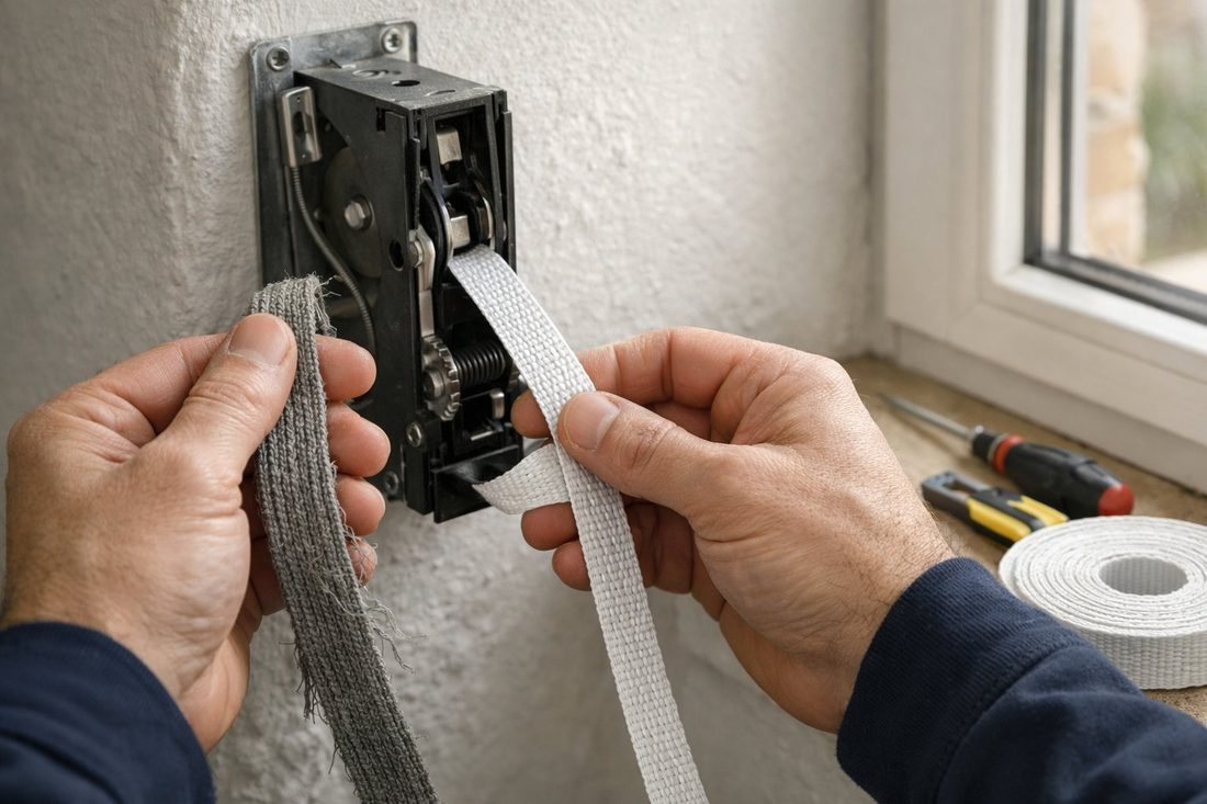 Manos de un técnico cambiando la cinta desgastada de una persiana por una nueva en una vivienda de Mataró