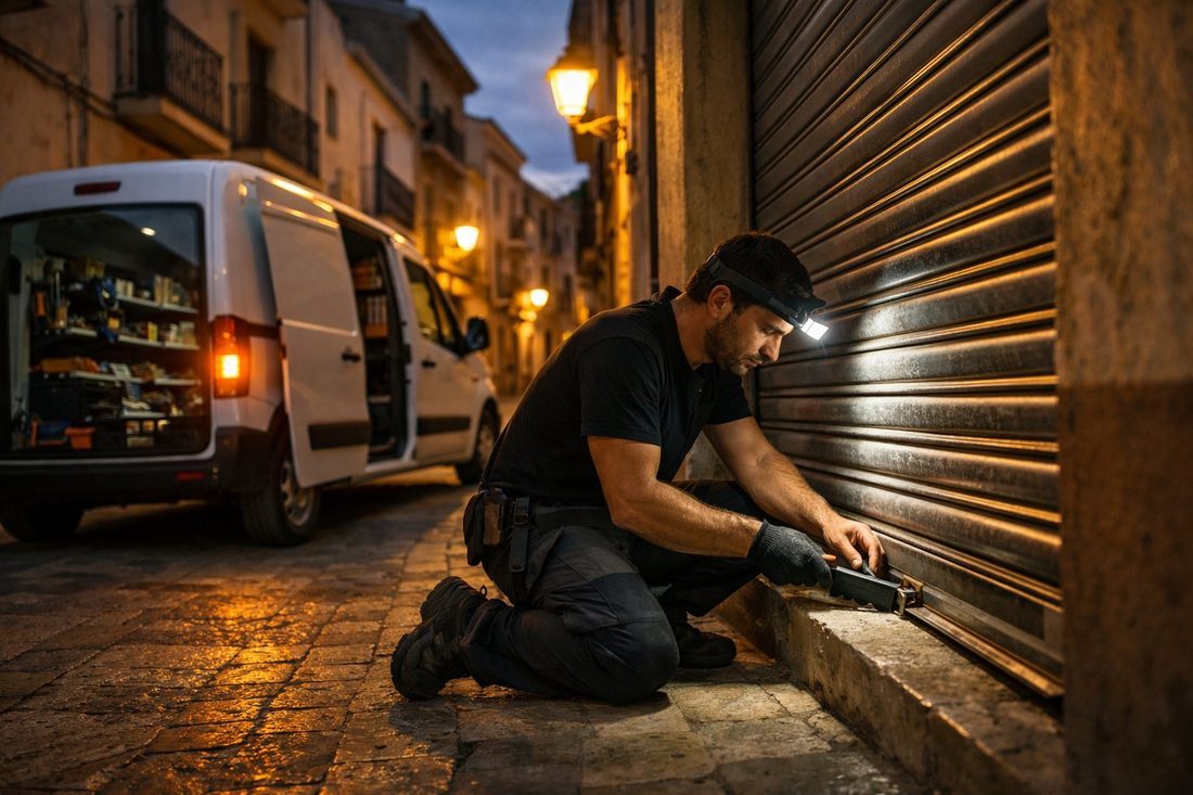 Persianista atendiendo una reparación urgente de persiana metálica de noche en una calle de Mataró
