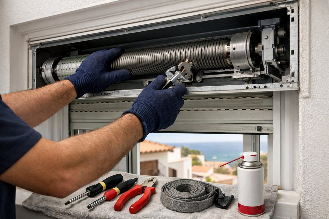 Técnico de Persimataro trabajando en el mecanismo interior de una persiana enrollable en Mataró